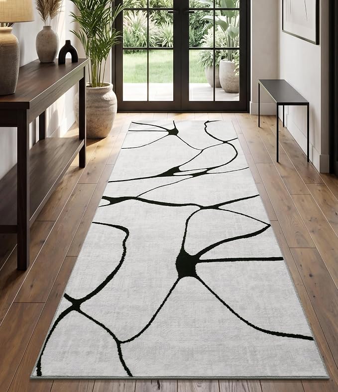 2x6 Washable Modern Black White Kitchen Runner Rug | Ultra-Thin Low Pile, Non-Slip TPE Backing, Soft Stain Resistant, Machine Washable, for Bedroom Livingroom High Traffic
