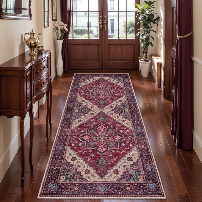 2x6 Washable Runner Rug for Hallways, Vintage Non Slip Rug Runners Burgundy | Oriental Soft Low Pile Rug, Boho Print Carpet Boho Hallway Runner for Kitchen Bedroom Entryway Bathroom Burgundy Purple