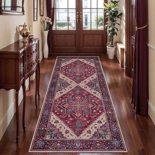 2x6 Washable Runner Rug for Hallways, Vintage Non Slip Rug Runners Burgundy | Oriental Soft Low Pile Rug, Boho Print Carpet Boho Hallway Runner for Kitchen Bedroom Entryway Bathroom Burgundy Purple