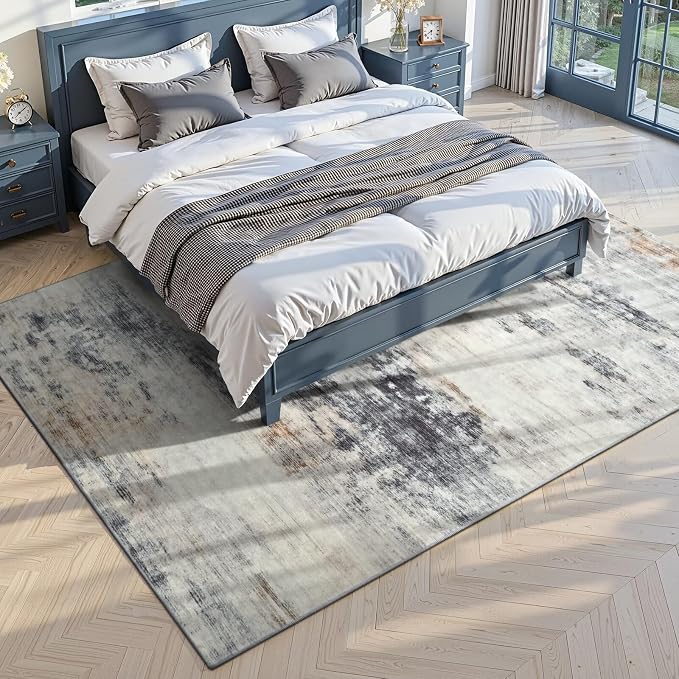 Toneed Washable 5x7 Area Rug with Non-Slip Backing for Living Room | Abstract Modern Rugs, Soft Low Pile Carpet for Bedroom Kitchen Dining Room Nursery Indoor Floor Office Home Decor, Grey/Brown