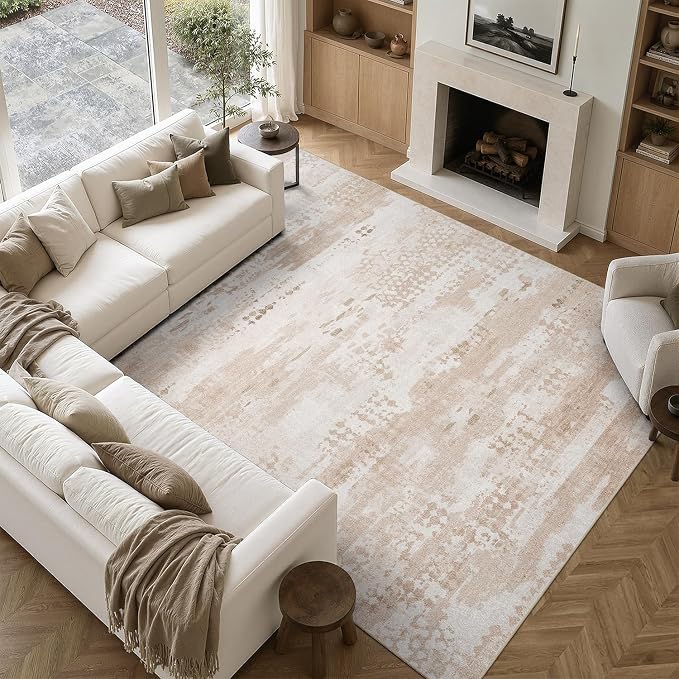 DCX Abstract Washable 6x9 Rug, Non Slip Low Pile Rug, Beige | Easy to clean, non-shedding, soft, kid & pet friendly, with a non-slip rubber backing for living rooms, bedrooms, and offices