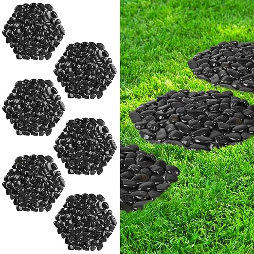 River Rock Stepping Stones Outdoor for Garden Walkway, 10 inch 6 Pcs Hexagon Shape Paver Step Stones Polished Pebble River Stone Mat for Yard Lawn Patio Pathway Walk Way - Black