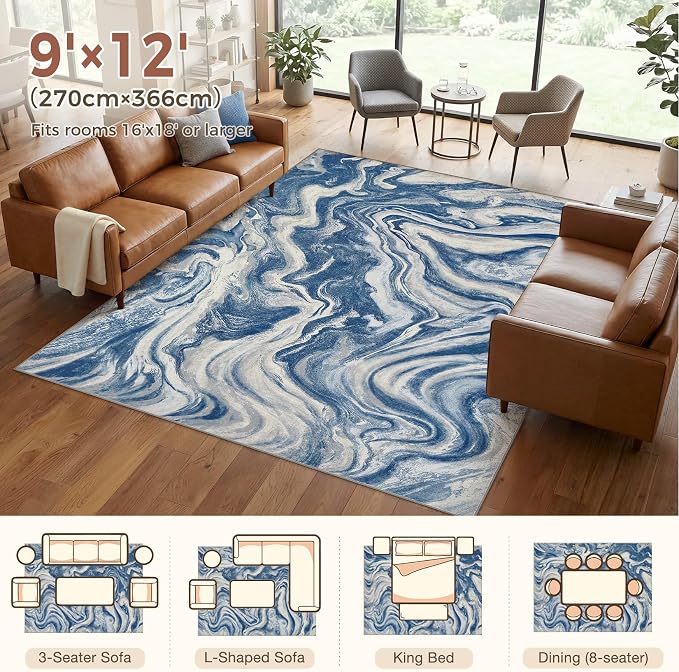 DMOYEST 9x12 Area Rug for Living Room Washable Abstract Indoor Carpet | Neutral Modern Low Pile Rugs Kid & Pet Friendly Large Soft Thin Carpet for Bedroom Dining Room and Office - Navy Blue