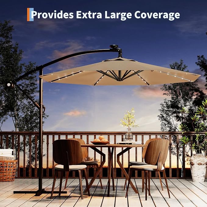 Garvee 10FT Solar Lights Offset Patio Umbrella with Cross Base, Cantilever Umbrella with Easy Lift & Tilt Adjustment, 8 Ribs Sun umbrella UV Protection for Backyard, Pool, Garden, Tan
