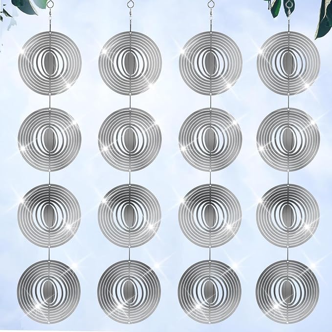Stainless Steel Bird Deterrents for Outside Patio, Reflective 3D Bird Scare Devices Wind Spinners Outdoor Decor, Woodpecker Deterrent Bird Reflectors to Keep Pigeon Crow Away House Yard Window, Round
