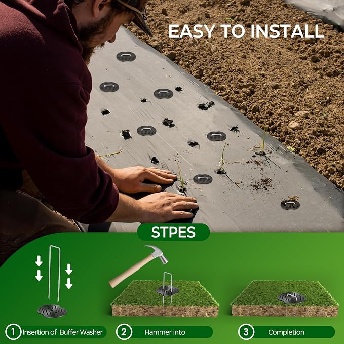 200 Pcs Garden Stakes Landscape Staples Set, 6 Inch 11 Gauge Heavy Duty Galvanized 100 U-Shaped Pins with 100 Gaskets for Weed Barrier Fabric, Grass Sod, Artificial Turf & Yard Landscaping