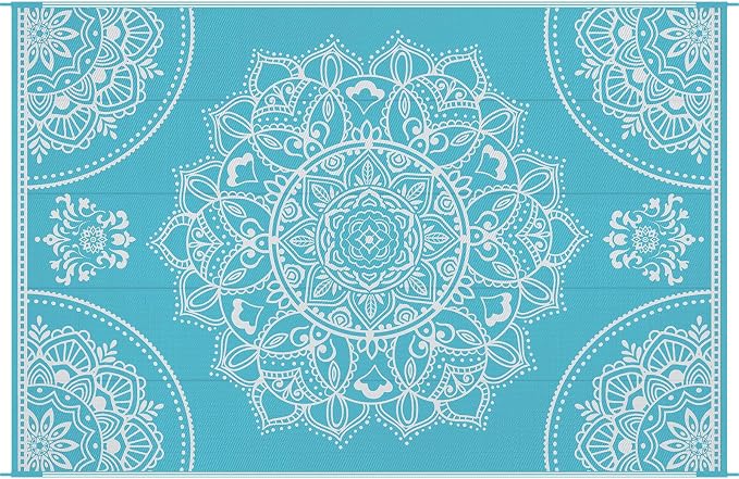 Pauwer Waterproof Outdoor Rug 6x9, Reversible Plastic Straw Patio Camping Rug, Indoor Outdoor RV Mat Carpet for Deck, Camper, Porch, Balcony, Backyard, Picnic, Floral Teal