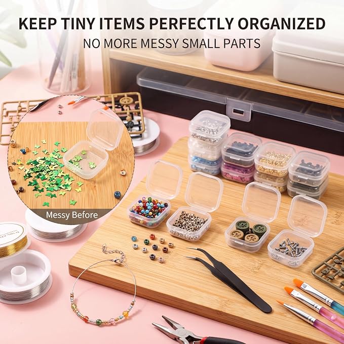 24 Packs Small Clear Plastic Beads Storage Containers Box with Hinged Lid for Storage of Small Items, Crafts, Jewelry, Hardware(1.37 x 1.37 x 0.7 Inches)