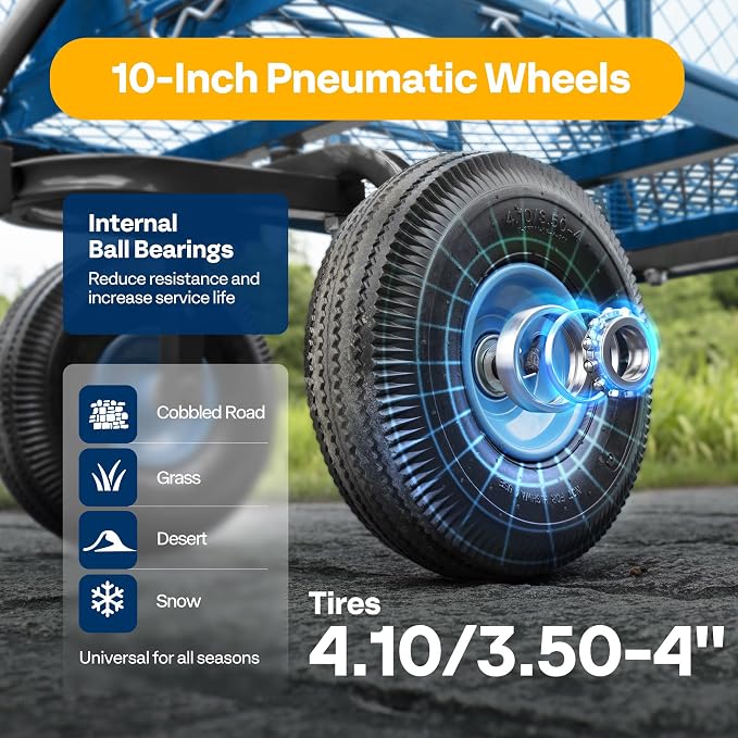 VIVOHOME Heavy Duty 880 Lbs 4.5 Cu Ft Mesh Steel Garden Cart Utility Wagon | Removable Sides and 4.10/3.50-4" Wheels 10 inch Tire (Blue)