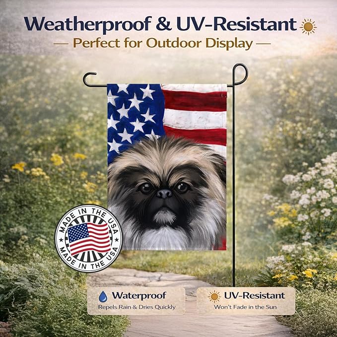 Caroline's Treasures CK6488GF Chinese Imperial Dog American Flag Garden Flag Mailbox Flag Decorative Yard Flag Banner Outside Patio Artwork Yard Flower Beds, Garden Size, Multicolor