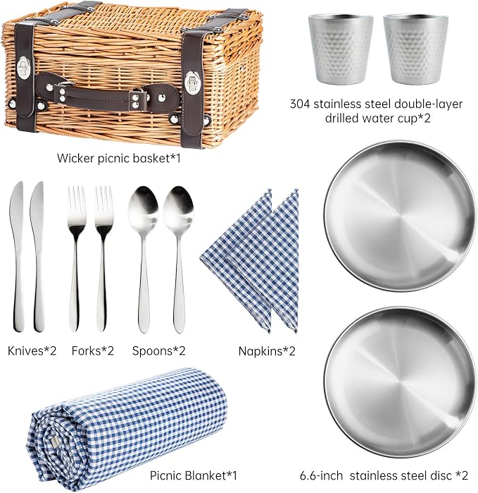 Picnic Basket Set for 2, Wicker Picnic Baskets with Waterproof Blanket and Cutlery Service Kit, Willow Hamper for Camping, Outdoors, Valentine's Day, Christmas, Birthday, Wedding Gift