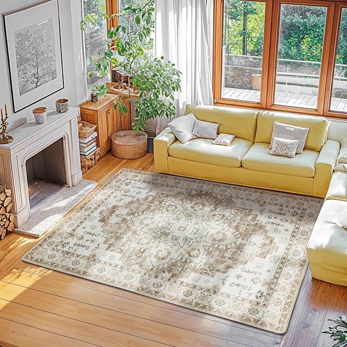 LBRO2M Machine Washable Rug Soft Pet Friendly Carpet 6X9 Cream | Persian Rug 6X9 for Living Room, Bedroom, Dining Room, Home Office, Non Slip Carpet, Foldable Stain Resistant Rugs