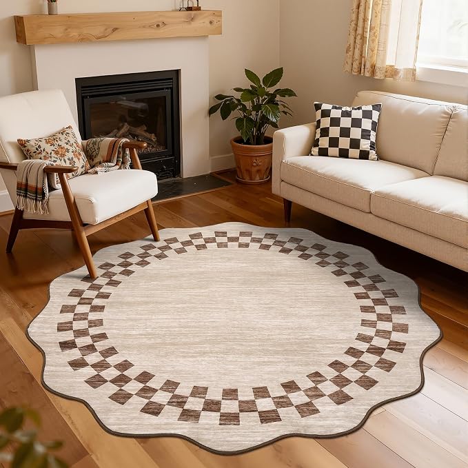 GarveeHome Scalloped Round Rug 4ft Non Slip Modern Solid Color Circle Rugs | Low Pile Living Room Throw Carpat Washable Bedroom Scalloped Round Area Rug Stain Resistant Bordered Rug for Kitchen, Beige
