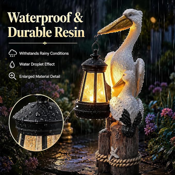 Solar Pelican Garden Statue with LED Lantern, 11.4 Inch Hand-Painted Resin Outdoor Figurine Light for Patio Lawn Yard, Coastal Bird Gift for Women Mom Grandma