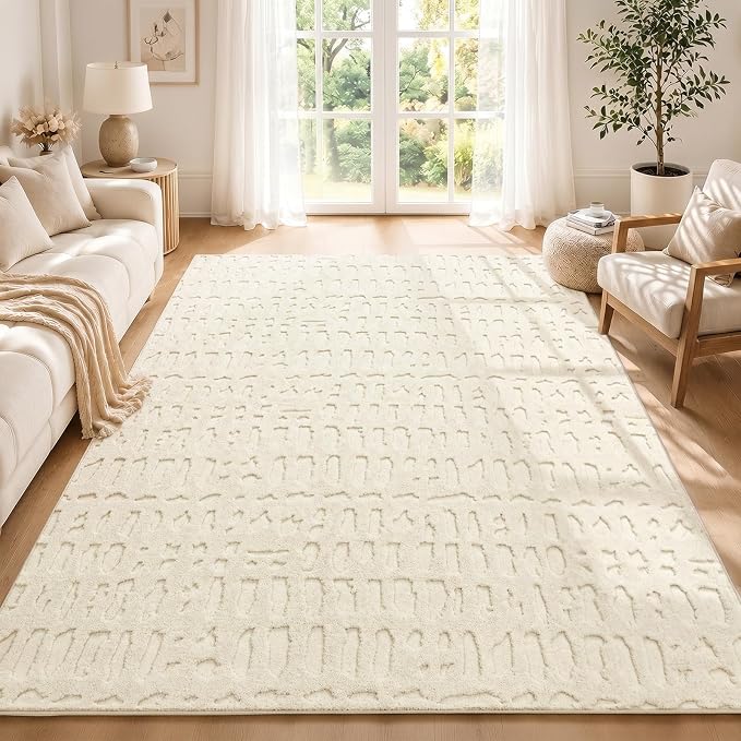 Yamaziot Washable 4x6 Area Rugs for Living Room Textured Non Slip Rug Beige | Modern High-Low Geometric Pattern, Soft Fluffy, Neutral, Minimalist Floor Carpet for Bedroom Dining Room Nursery Kids Room