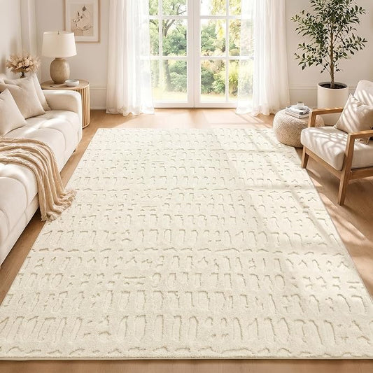 Yamaziot Washable 4x6 Area Rugs for Living Room Textured Non Slip Rug Beige | Modern High-Low Geometric Pattern, Soft Fluffy, Neutral, Minimalist Floor Carpet for Bedroom Dining Room Nursery Kids Room