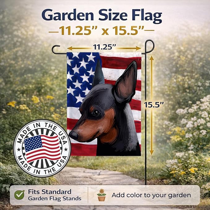 Caroline's Treasures CK6618GF Miniature Pinscher Dog American Flag Garden Flag Mailbox Flag Decorative Yard Flag Banner Outside Patio Artwork Yard Flower Beds, Garden Size, Multicolor