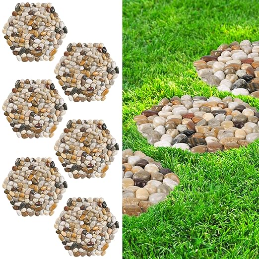 River Rock Stepping Stones Outdoor for Garden Walkway, 12 inch 6 Pcs Hexagon Shape Paver Step Stones Polished Pebble River Stone Mat for Yard Lawn Patio Pathway Walk Way - Multi-Color