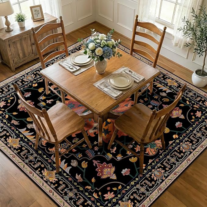RELEANY Washable Area Rug, Square 8'x8', Black/Colorful | Non-Slip, Water Repellent, Pet Friendly, Easy to Clean, Vintage Floral Boho Decor for Living Room Bedroom Dining Room Office