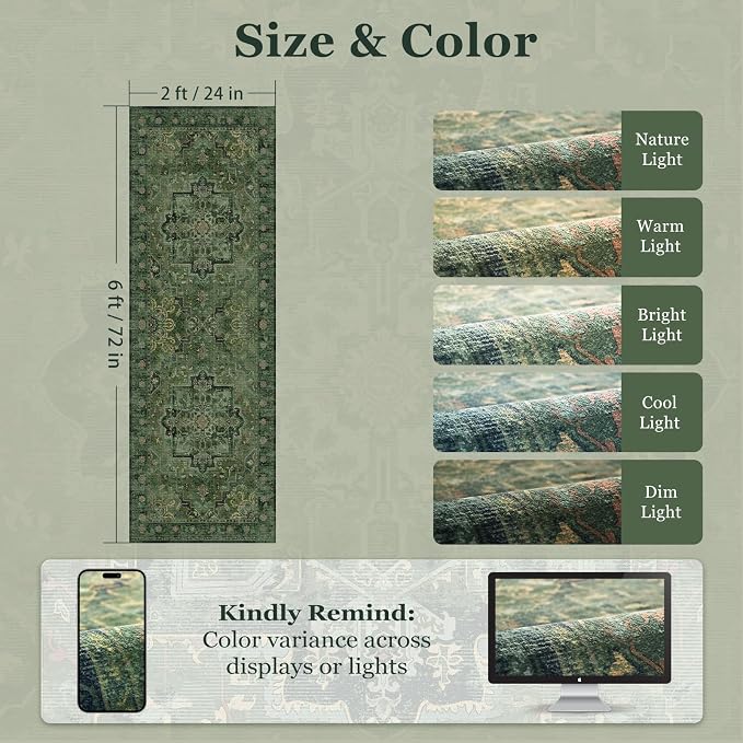 Dark Green Tranditional 2x6 Kitchen Runners Washable Non Slip, Low Pile Vintage Distressed Medallion Printed Carpet Runners for Hallway 6ft Indoor Entryway/Bedroom Bedside/Laundry Room/Bathroom
