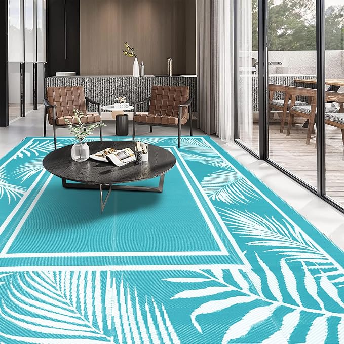 Bsmathom Waterproof Outdoor Rug 9x12ft Large Reversible Boho Plastic Straw Patio Deck Camping Rugs, Indoor Outdoor Portable RV Mat Carpet for Outside, Porch, Balcony, Backyard, Beach, Pool,Teal