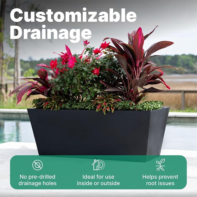 Step2 Tremont Trough Planter 2-Pack, Large Resin Planters for Outdoor Plants, Self-Watering, Black