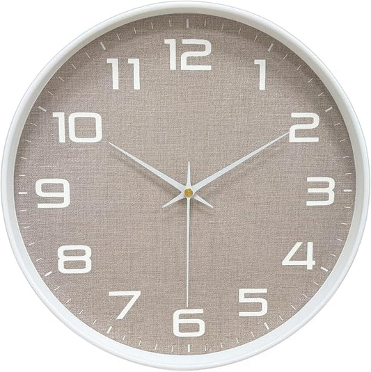 8 Inch Modern Wall Clocks Battery Operated - Silent Non Ticking Quartz Analog Clock with Large Numbers Burlap Texture, Digital Wall Clock for Bedroom Living Room Kitchen Office Gym, White