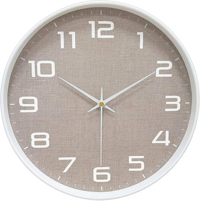 Modern Wall Clocks Battery Operated, 12 inch Silent Non Ticking Analog Clock with Large Numbers Burlap Texture Face, Tempered Glass Decorative Wall Clocks for Living Room Bedroom Kitchen Gym