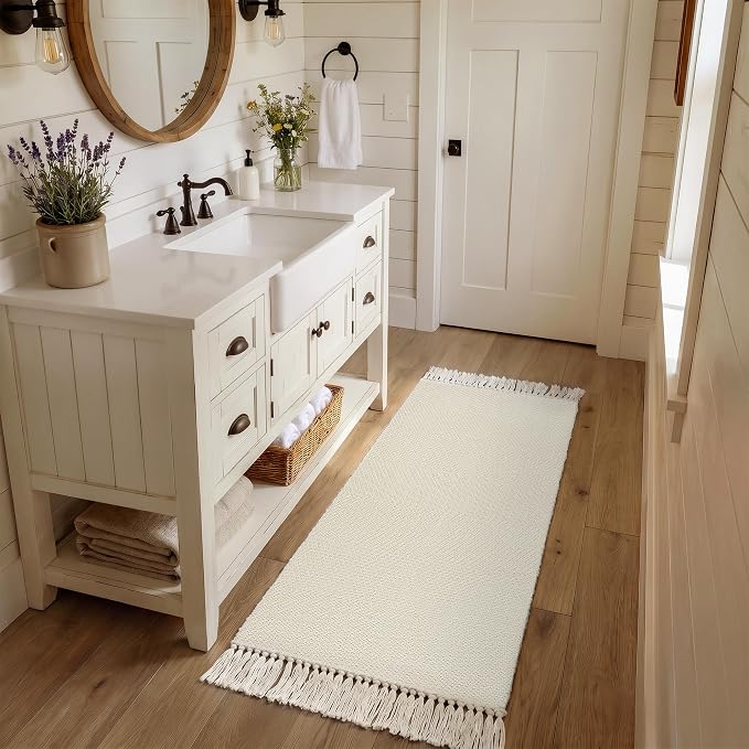Bathroom Runner Rug, 2' x 5' Modern White Kitchen Mats | Farmhouse Hand-Woven Entryway Rugs Runners for Hallway, Boho Washable Laundry Carpet Indoor Front Door Mat for Bedroom Decor