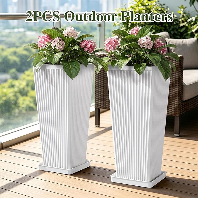 Front Porch Planters Outdoor Set of 2, 24" Tall Plastic Planters for Outdoor Plants with Drainage, Extra Large Outdoor Planter Pots, Tapered Tall Planters for Front Door & Indoor Plants, White