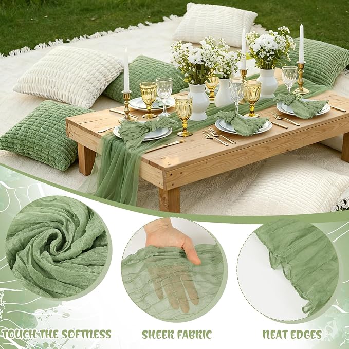 Beeveer 14 Pack Picnic Kit 91x71 Inch Extra Large Outdoor Boho Picnic Blanket with Sage Green Table Runner, 6 Throw Pillow Covers 6 Napkin Woven Cotton Yarn Washable Beach Blanket for Camp Wedding