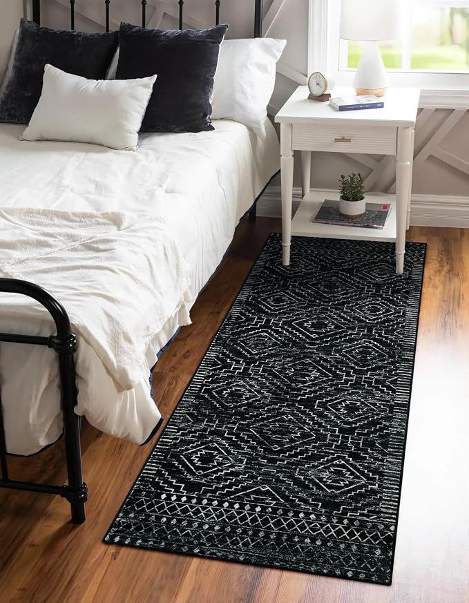 Wonnitar Washable Kitchen Runner Rug 2x6, Moroccan Black Runners for Hallway, Non Slip Bohemian Soft Bathroom Throw Mat Geometric Carpet Runner for Laundry Entryway Bedroom (Black,2'x6')