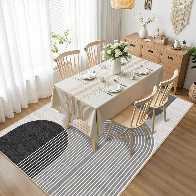 Boho Large Area Rug 4x6 for Living Room Bohemian Rugs Machine Washable Modern Geometric Rug Non Slip Printed Low Pile Indoor Floor Carpet for Dining Room Bedroom Office,Grey and Black