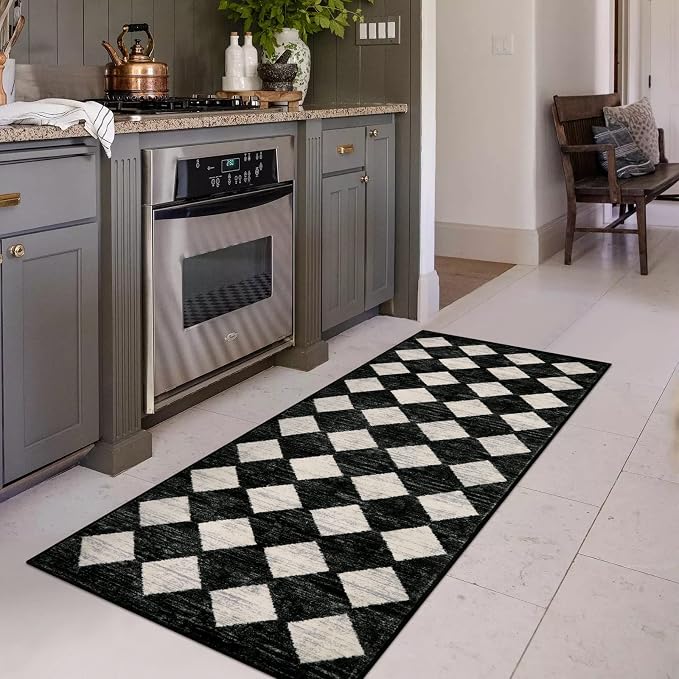 Checkered Kitchen Runner Rug 2x6 Black, Non Slip Washable Hallway Bathroom