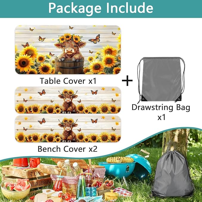 Sunflower Cow Picnic Table Cover with Bench Covers and Bag, Cute Calf Wooden Camper Waterproof Windproof, Fitted Tablecloth Cover with Elastic Edge, for Indoor & Outdoor, Garden, Camping, 30x60 Inch
