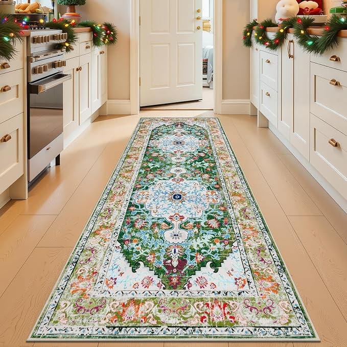 U'Artlines 3'x8' Boho Hallway Runner Rug Non Slip Washable Runners,Green | Vintage Farmhouse Kitchen Rug Accent Area Carpet for Entryway Laundry and Living Room