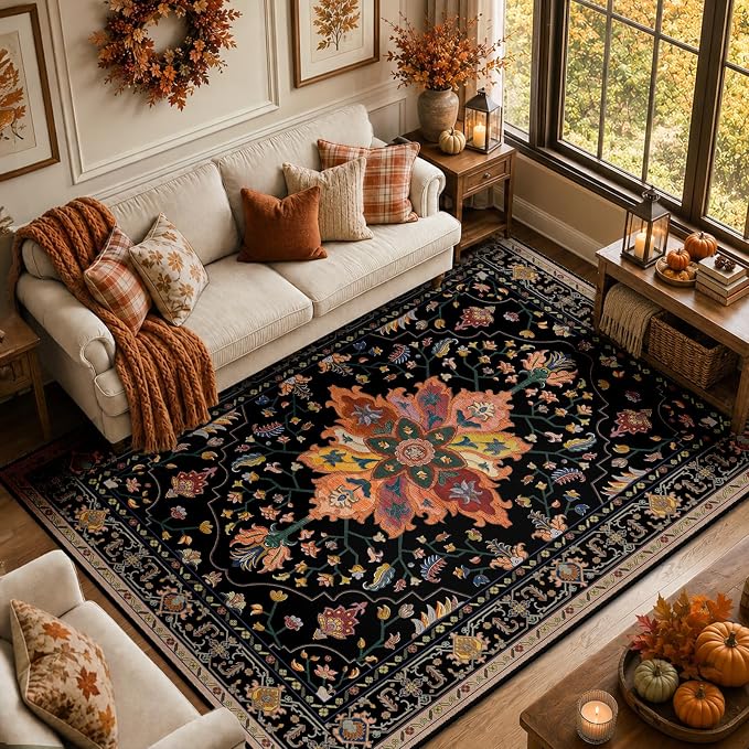 RELEANY Washable Area Rug, 8'x10', Black/Colorful | Non-Slip, Water Repellent, Pet Friendly, Easy to Clean, Vintage Floral Boho Decor for Living Room Bedroom Dining Room