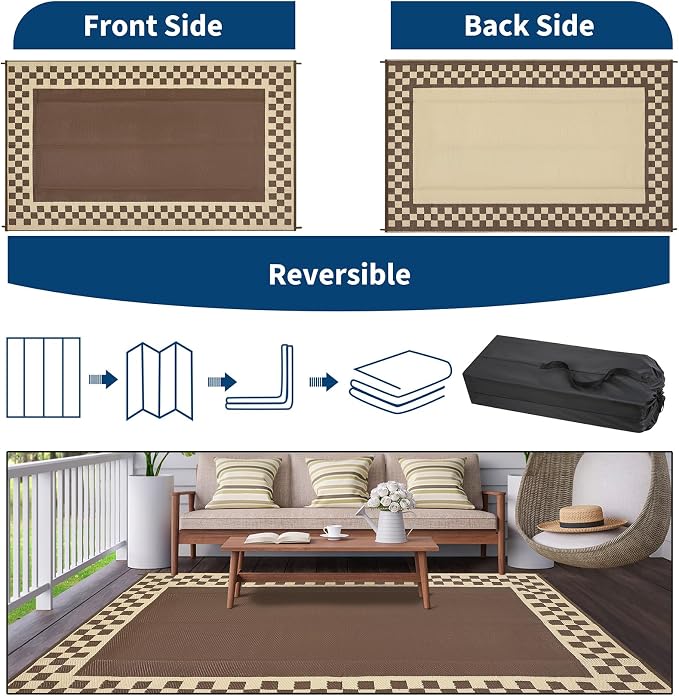 Waterproof Plastic Straw Outdoor Rug 9x18 Patio Reversible UV Resistant Foldable Camping Carpet Modern Geometric Border Large Outdoor Rugs for Deck, Porch, Camper, Balcony, Beach，Brown