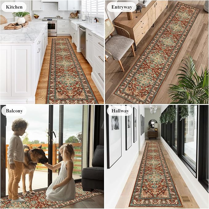 U'Artlines 2' x 12' Boho Hallway Runner Rug, Washable Carpet, Rust＆Teal | Non Slip, Long, Vintage Farmhouse Accent Area Rug Carpet, for Kitchen Entryway Laundry and Living Room