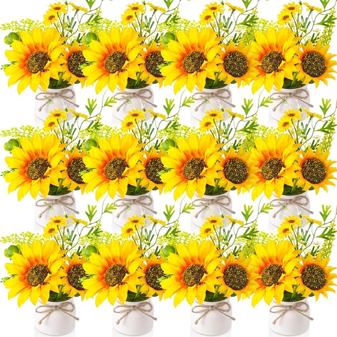 Zeyune 12 Pcs Sunflower Potted Plants Rustic Summer Spring Kitchen Wedding Table Centerpieces Silk Yellow Fake Flower with Plastic Pot for Home Bathroom Office (White,Sunflower)