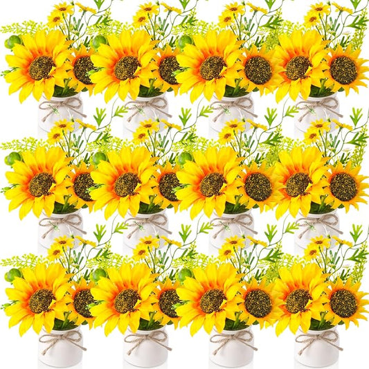 Zeyune 12 Pcs Sunflower Potted Plants Rustic Summer Spring Kitchen Wedding Table Centerpieces Silk Yellow Fake Flower with Plastic Pot for Home Bathroom Office (White,Sunflower)