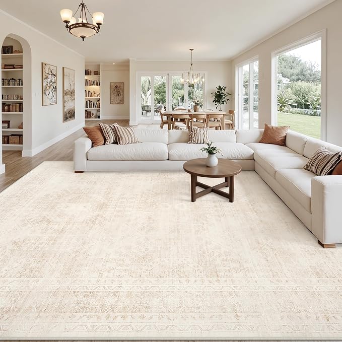 Area Rugs 9x12 Living Room: Bedroom Neutral Washable Carpet Beige | Large Vintage Boho Indoor Decor Carpets Soft Nursery Farmhouse Dining Room Office Floor Non-Slip Low Pile Under Table Rug