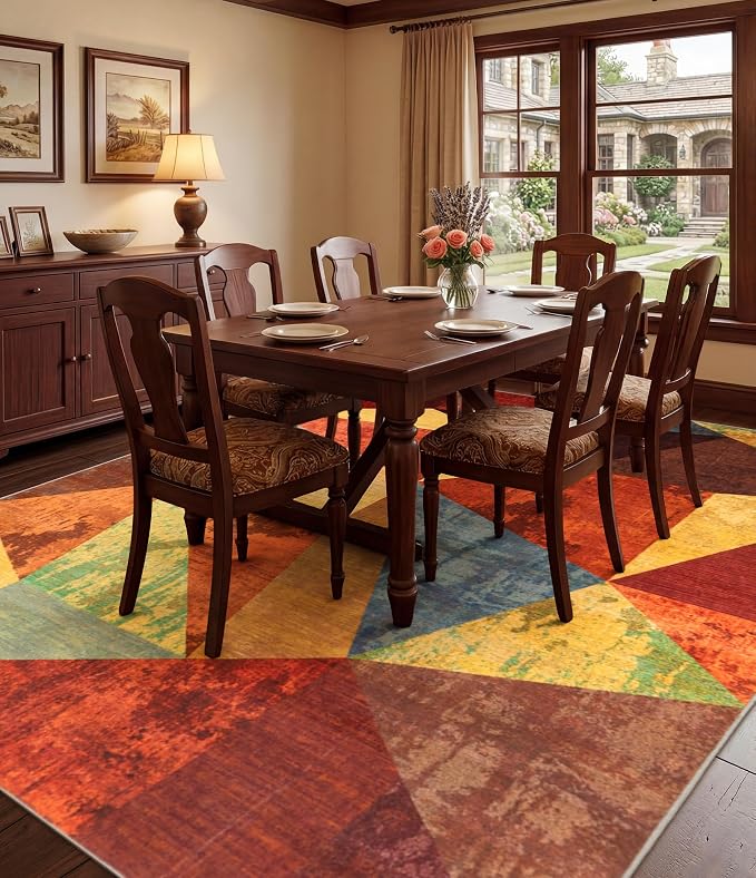 Brown Area Rug 8x10,Geometric Burnt Orange Area Rug Non Slip,Farmhouse Rugs Washable,Vintage Burgundy Carpets for Bedroom, Boho Rug for Kitchen,Dining Room