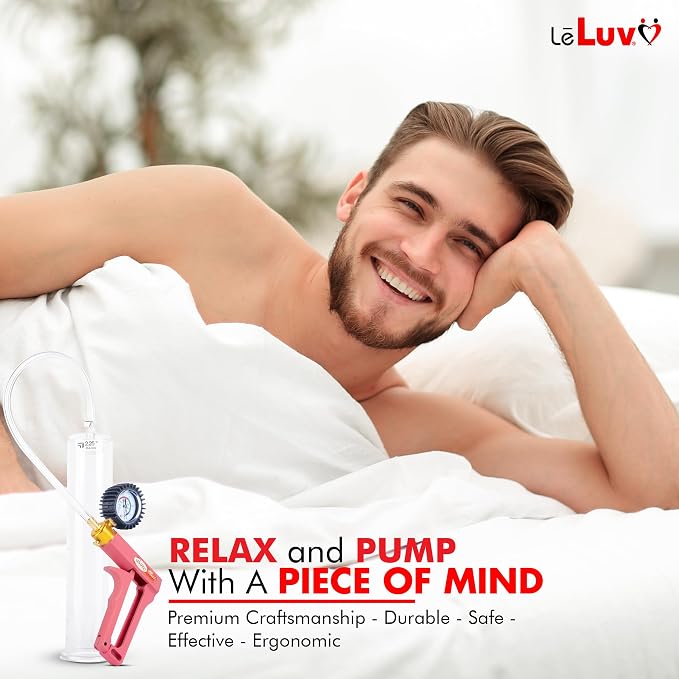 LeLuv Vibrating Penis Pump Maxi Red Handle + Protected Gauge and Clear Hose - 9 inch Length x 3 inch Diameter Cylinder