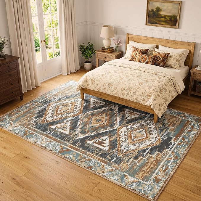 Washable 5x7 Area Rug for Living Room, Rustic Farmhouse Low-Pile Non-Slip Carpet, Stain Resistant Vintage Southwestern Rug for Bedroom Office Dining Room, Blue Rust Ivory