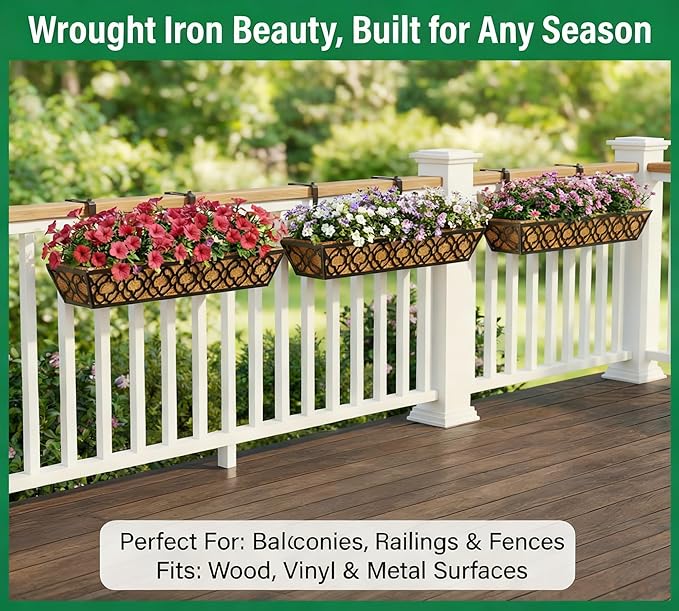 Y&M 4-Pack 30 Inch Railing Planter Boxes 24 Inch 2 Pack, Hanging Balcony Planter, Adjustable Deck Railing Planter Box, Metal Window Boxes Outdoor for Fence, Porch Flower Pots Holder