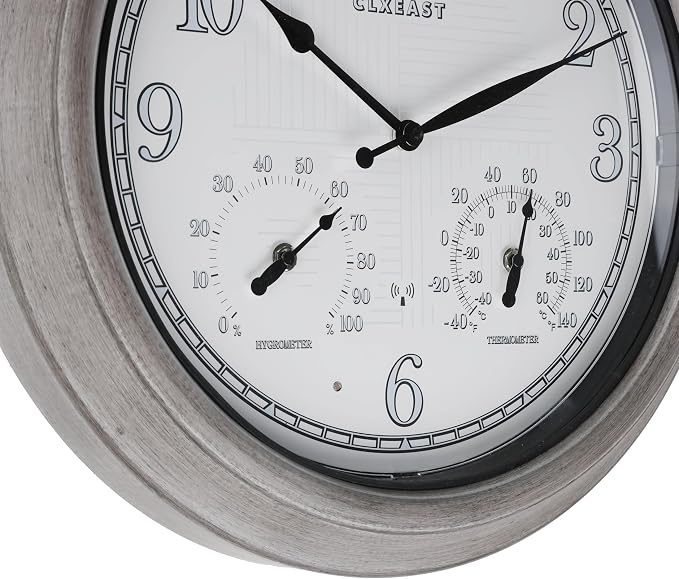 CLXEAST 18 Inch Farmhouse Illuminated Outdoor Atomic Wall Clock with Thermometer & Hygrometer Combo, Night Lighted Wall Clock with Smart Sensor,Brushed Grey Oak Finish
