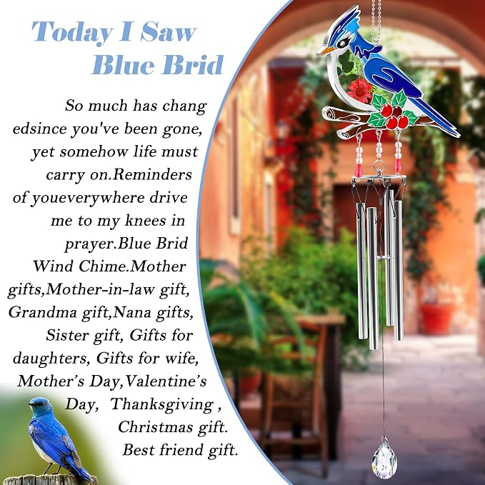 KY&BOSAM Blue Bird Wind Chime with Crystal Sympathy Wind Spinner Memorial Wind Chimes for Loss of Loved One Bereavement Gift in Memory Memorial Gifts for Loss of Mother Father Husband Condolences Gift
