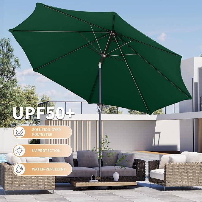 Kingdura 10FT Outdoor Patio Umbrella, Round Market Table Umbrella with Push‑Button Tilt and Crank Lift, 8 Sturdy Metal Ribs, UV50+ Protection Canopy for Backyard, Lawn, Deck, Poolside, Garden (Dark green)