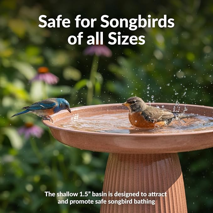 Sunnydaze Gleeful Garden 23" Iron Pedestal Bird Bath for Outside - Modern Shallow Basin Birdbath for Outdoors with UV-Protected Rust-Resistant Finish for Patio, Garden, Yard Decor - Canyon Clay Glaze